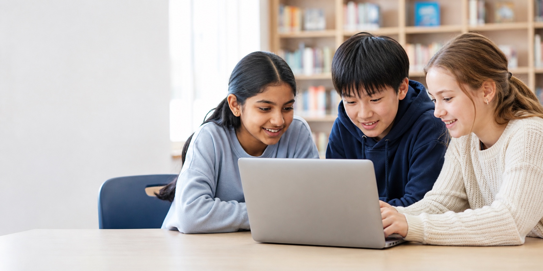 Three middle school students collaborating on a laptop in a library