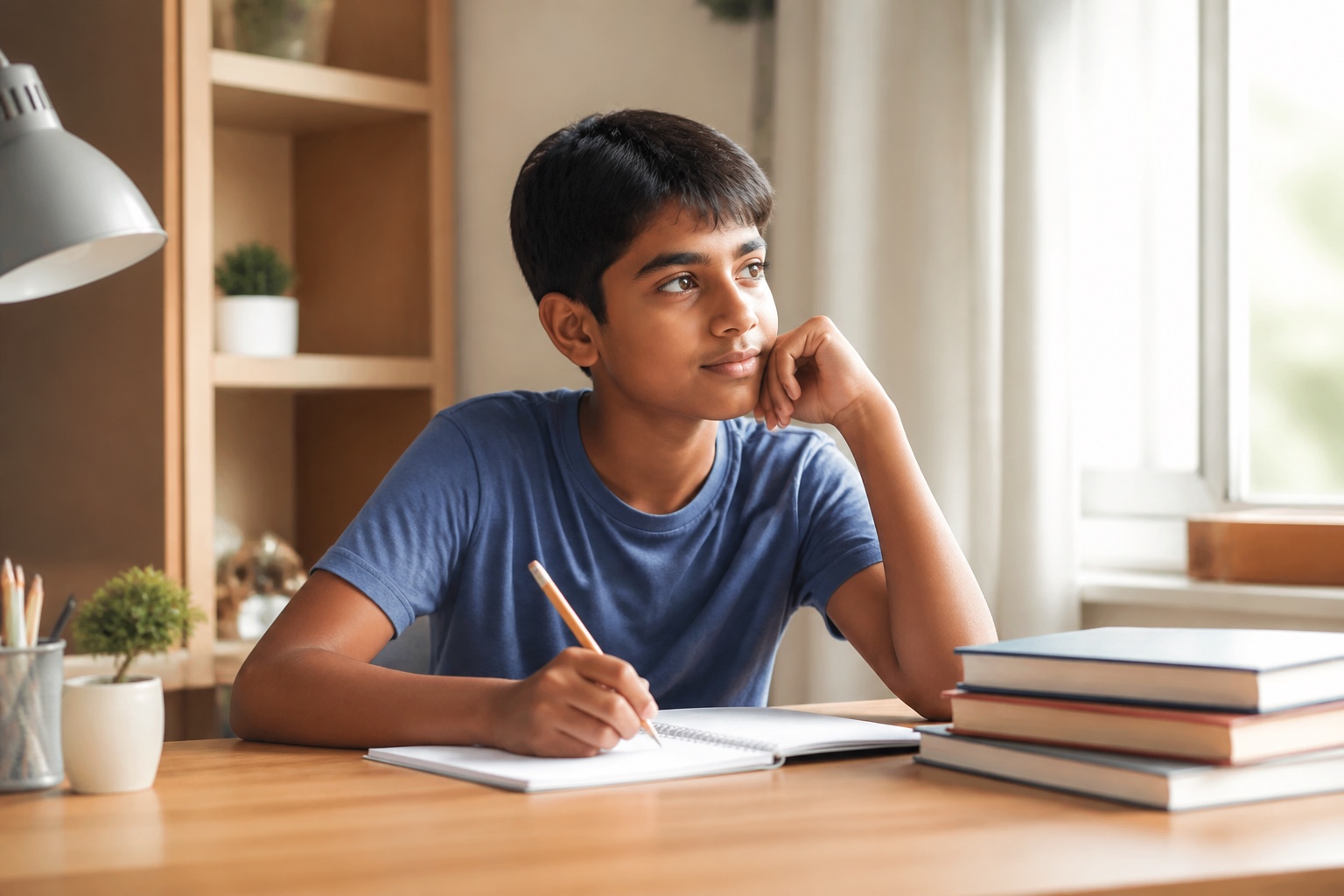 Middle school student thinking while working in a notebook at home