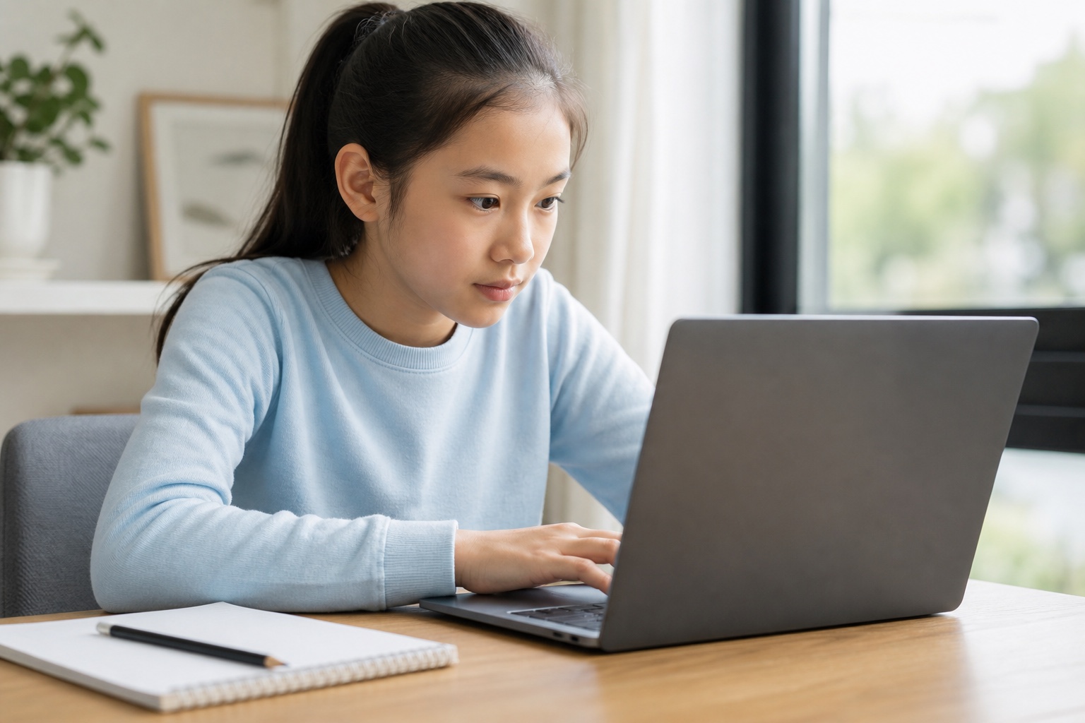 Middle school student concentrating on an online study activity