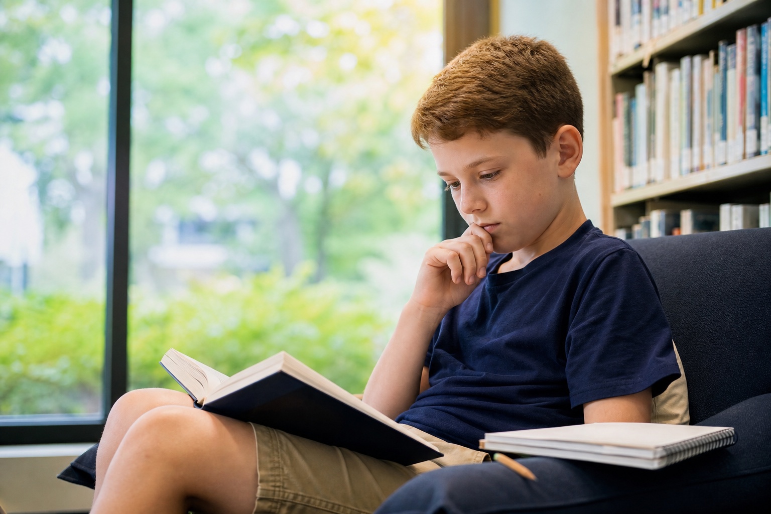 Middle school student reading thoughtfully in a library
