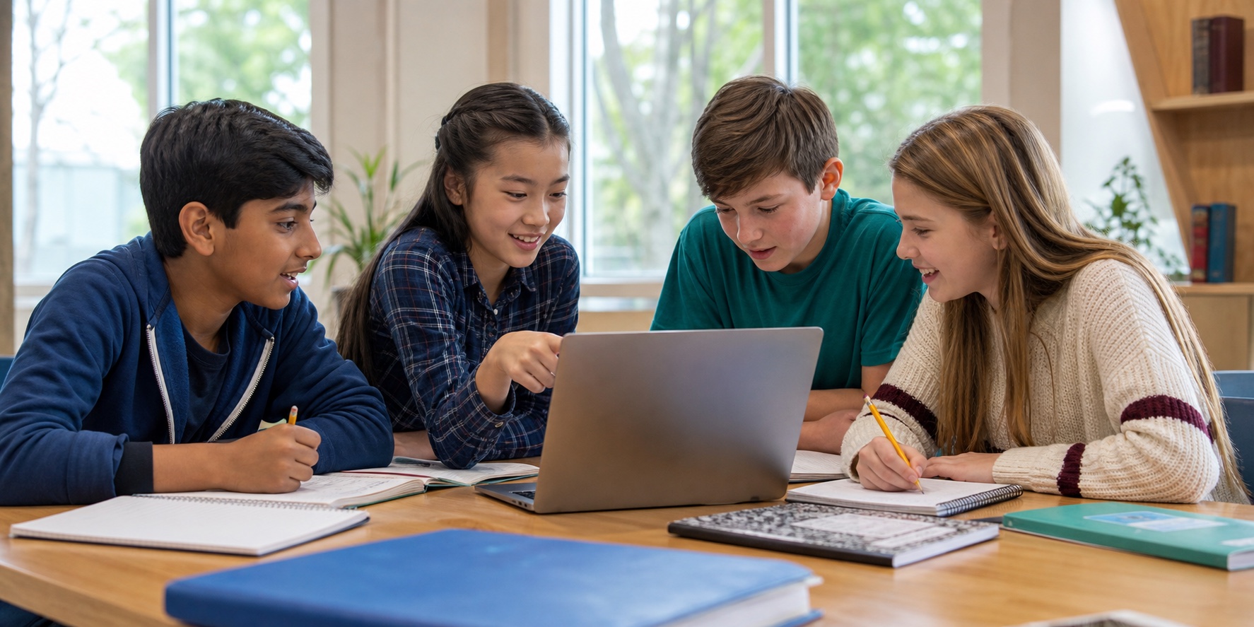 Four middle school students working together around a laptop
