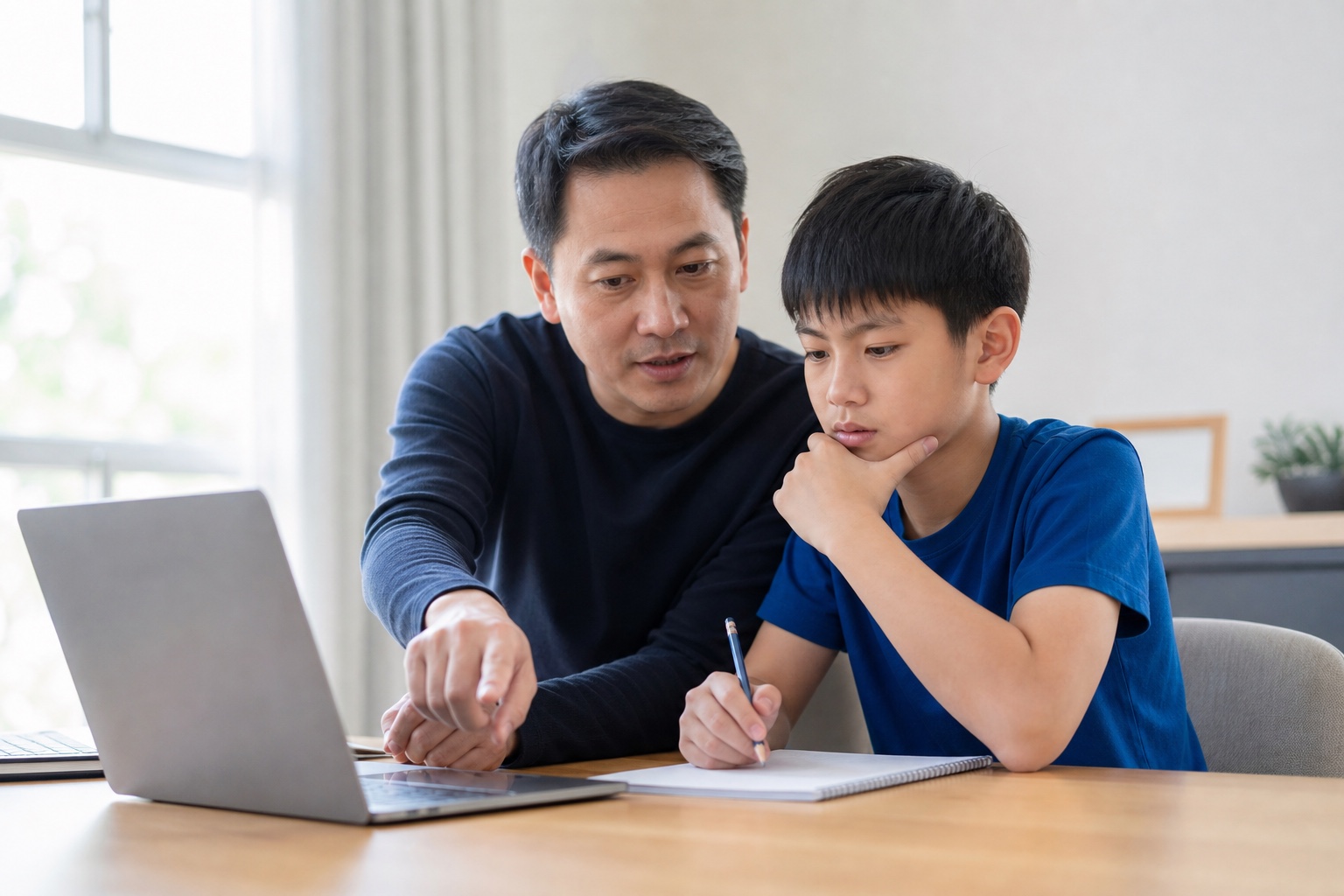 Father helping his middle school son during an online study session