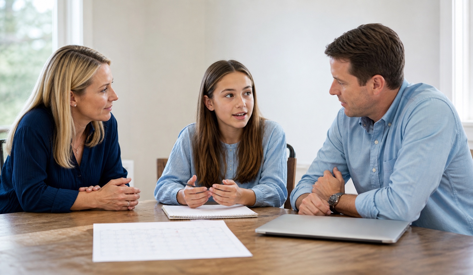 Parents listening as their middle school daughter discusses an academic plan