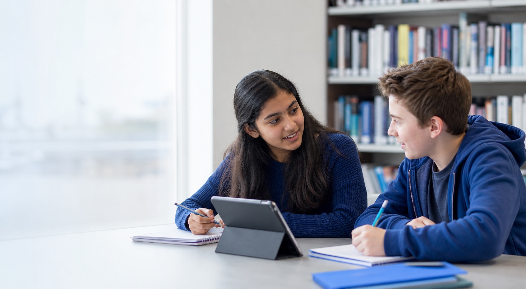 Two middle school students comparing notes for a school project